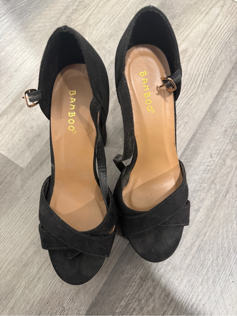 BAMBOO Black Open-Toe Ankle Strap Heels